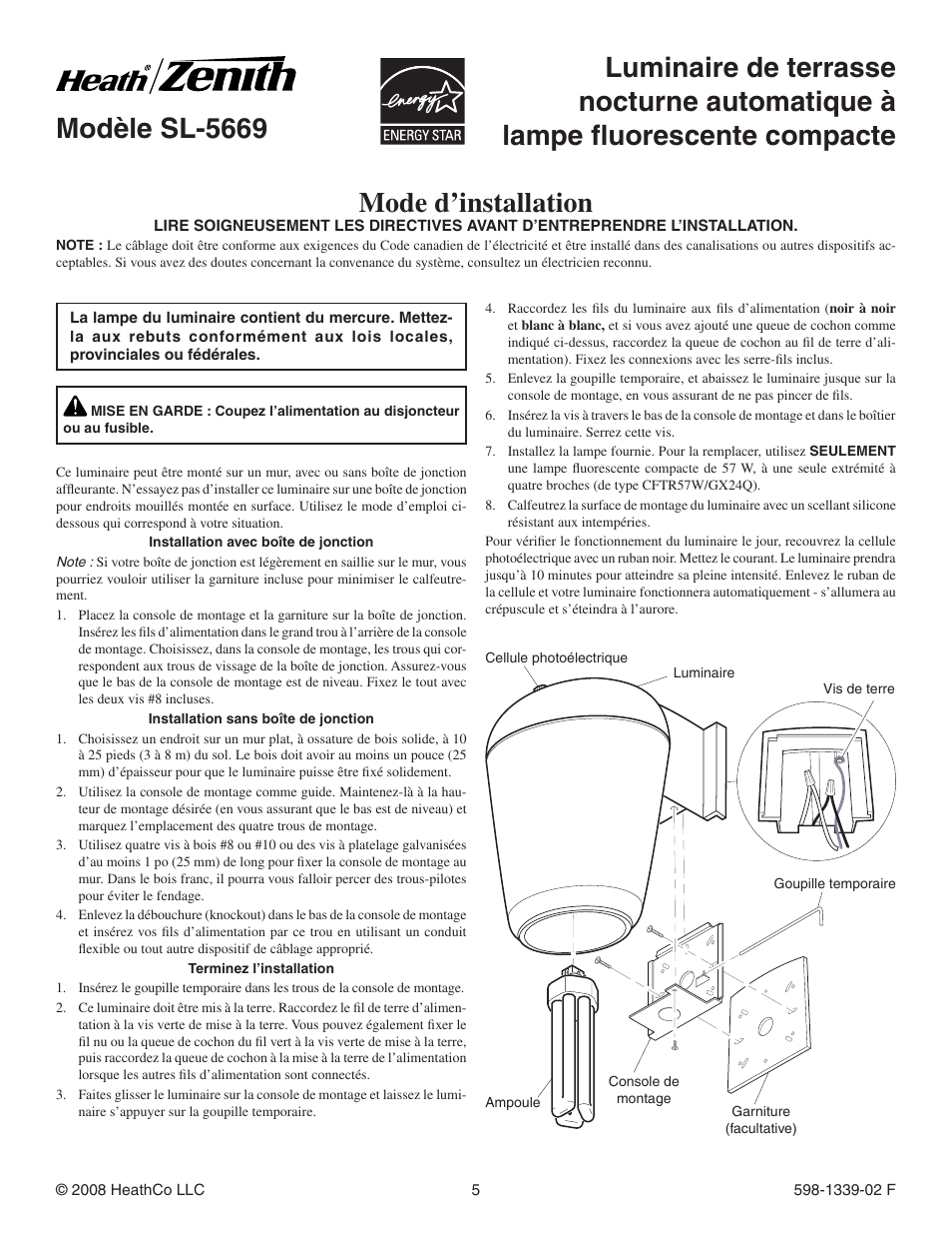 Mode d’installation, Modèle sl-5669 | Heath Zenith SL-5669 User Manual | Page 5 / 8