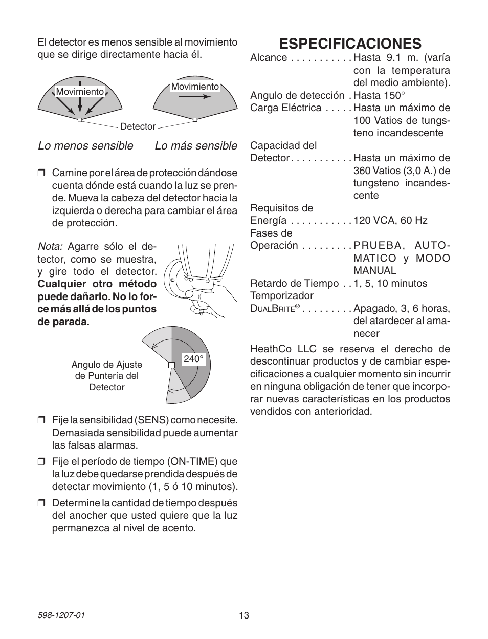 Especificaciones | Heath Zenith Motion Sensing Coach Lights User Manual | Page 13 / 24