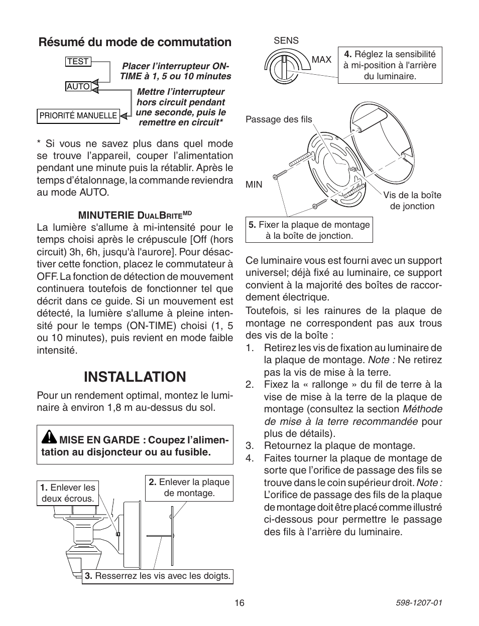 Installation, Résumé du mode de commutation | Heath Zenith Motion Sensing Coach Lights User Manual | Page 16 / 24