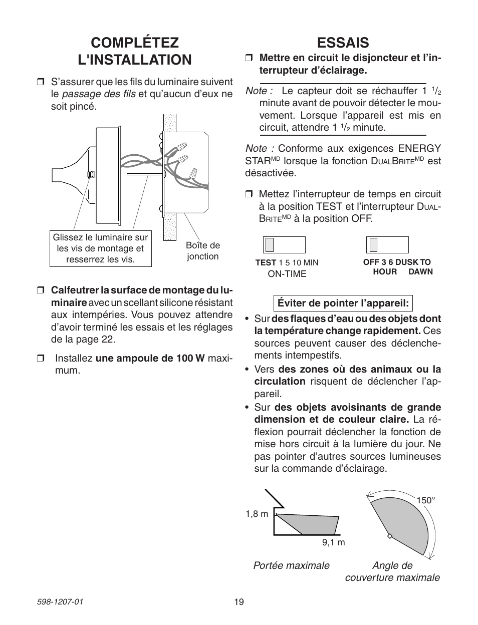 Complétez l'installation, Essais | Heath Zenith Motion Sensing Coach Lights User Manual | Page 19 / 24