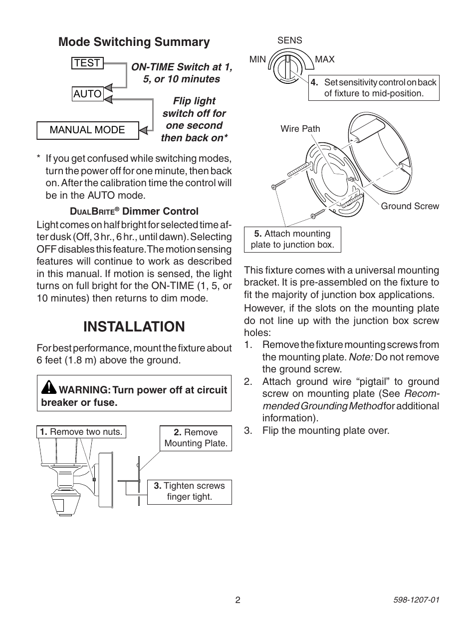 Installation, Mode switching summary | Heath Zenith Motion Sensing Coach Lights User Manual | Page 2 / 24