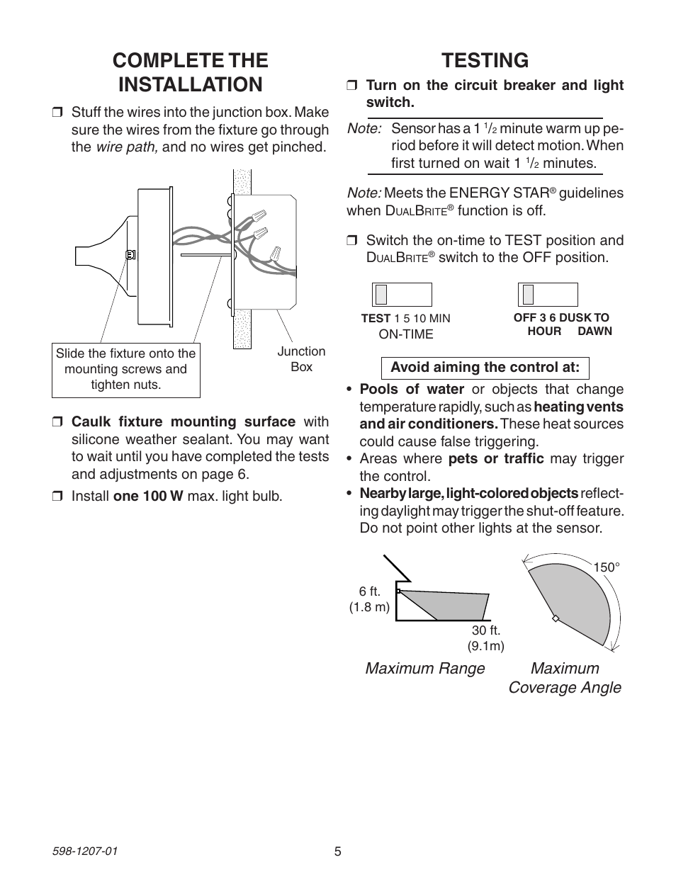 Complete the installation, Testing | Heath Zenith Motion Sensing Coach Lights User Manual | Page 5 / 24