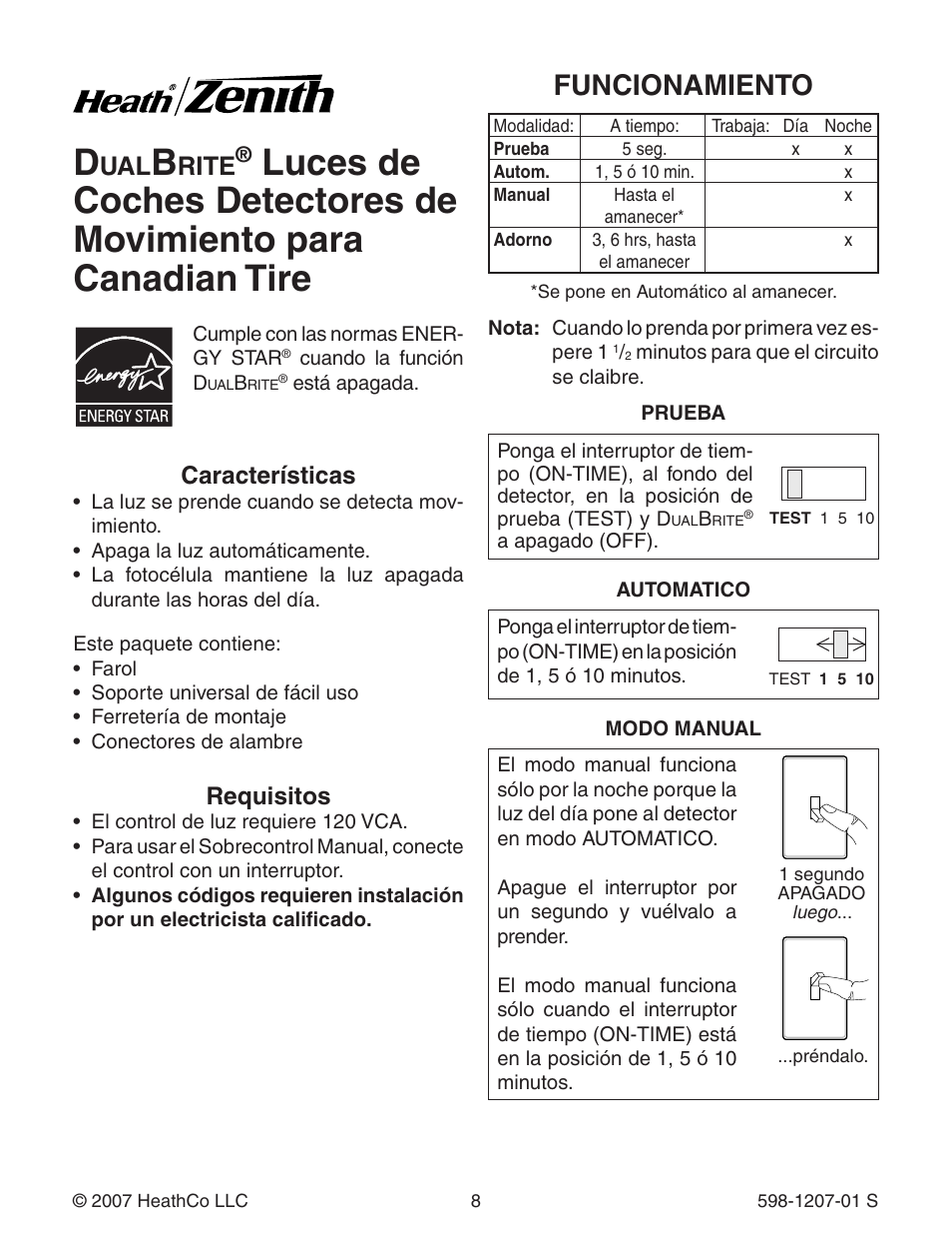 Funcionamiento, Rite, Características | Requisitos | Heath Zenith Motion Sensing Coach Lights User Manual | Page 8 / 24