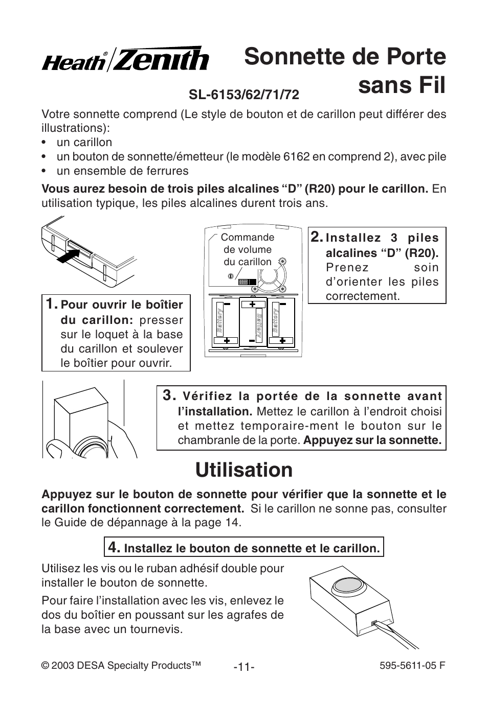 Sonnette de porte sans fil, Utilisation | Heath Zenith SL-6172 User Manual | Page 11 / 16