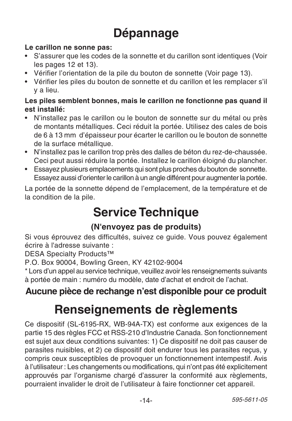 Dépannage, Renseignements de règlements, Service technique | Heath Zenith SL-6172 User Manual | Page 14 / 16