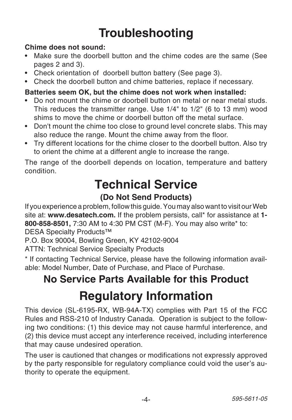 Troubleshooting, Regulatory information, Technical service | No service parts available for this product | Heath Zenith SL-6172 User Manual | Page 4 / 16