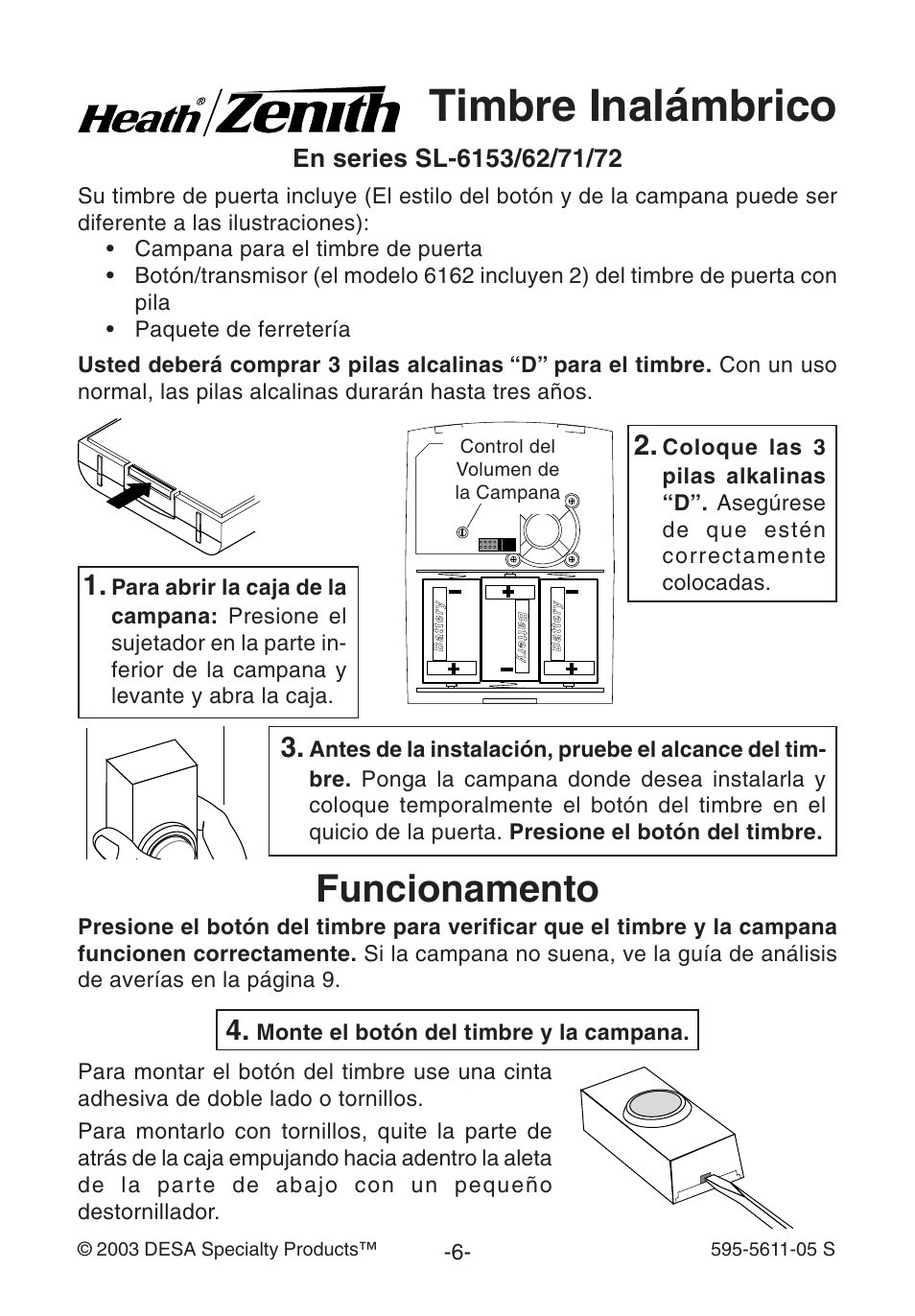 Timbre inalámbrico, Funcionamento | Heath Zenith SL-6172 User Manual | Page 6 / 16