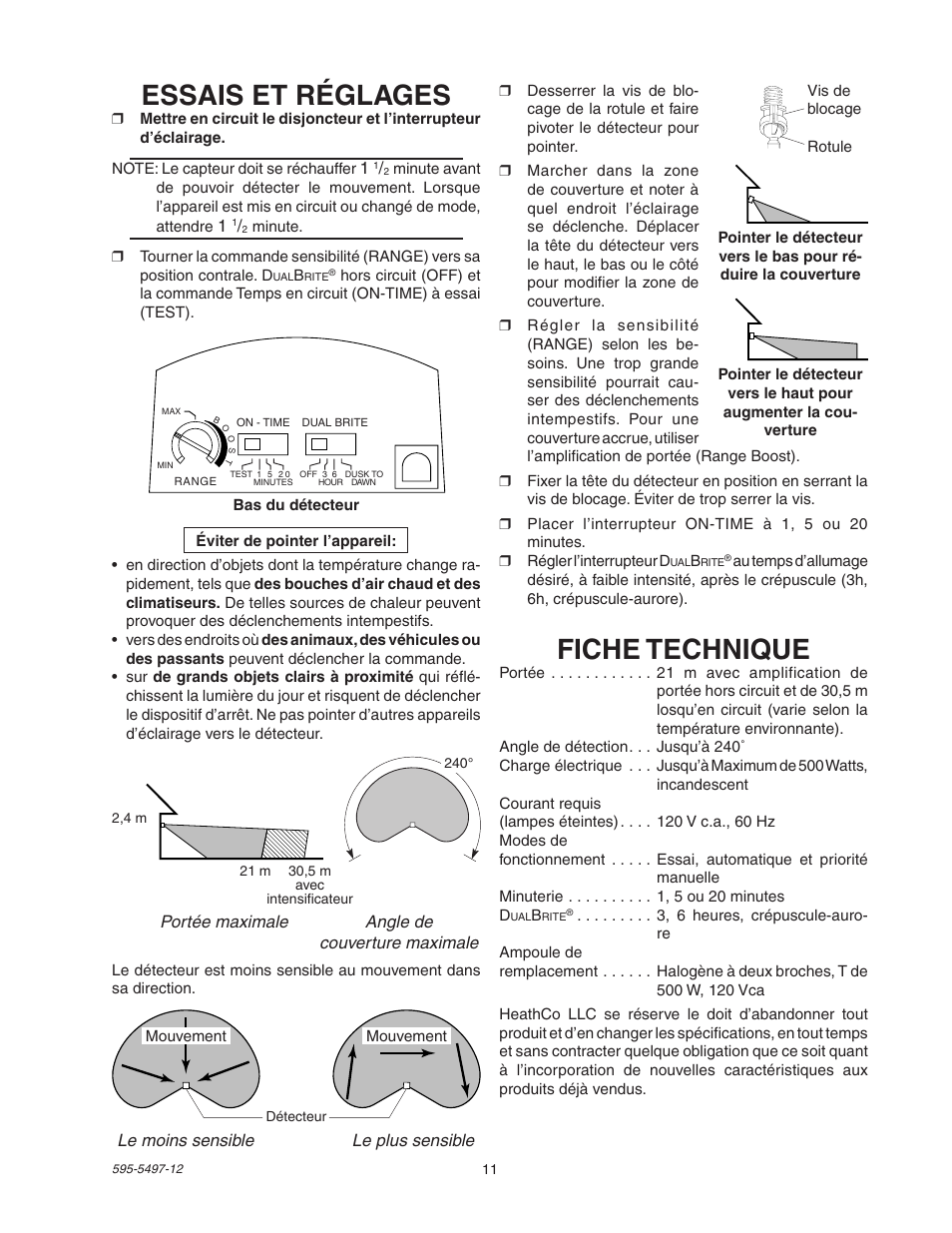 Fiche technique, Essais et réglages | Heath Zenith SL-5311 User Manual | Page 11 / 12