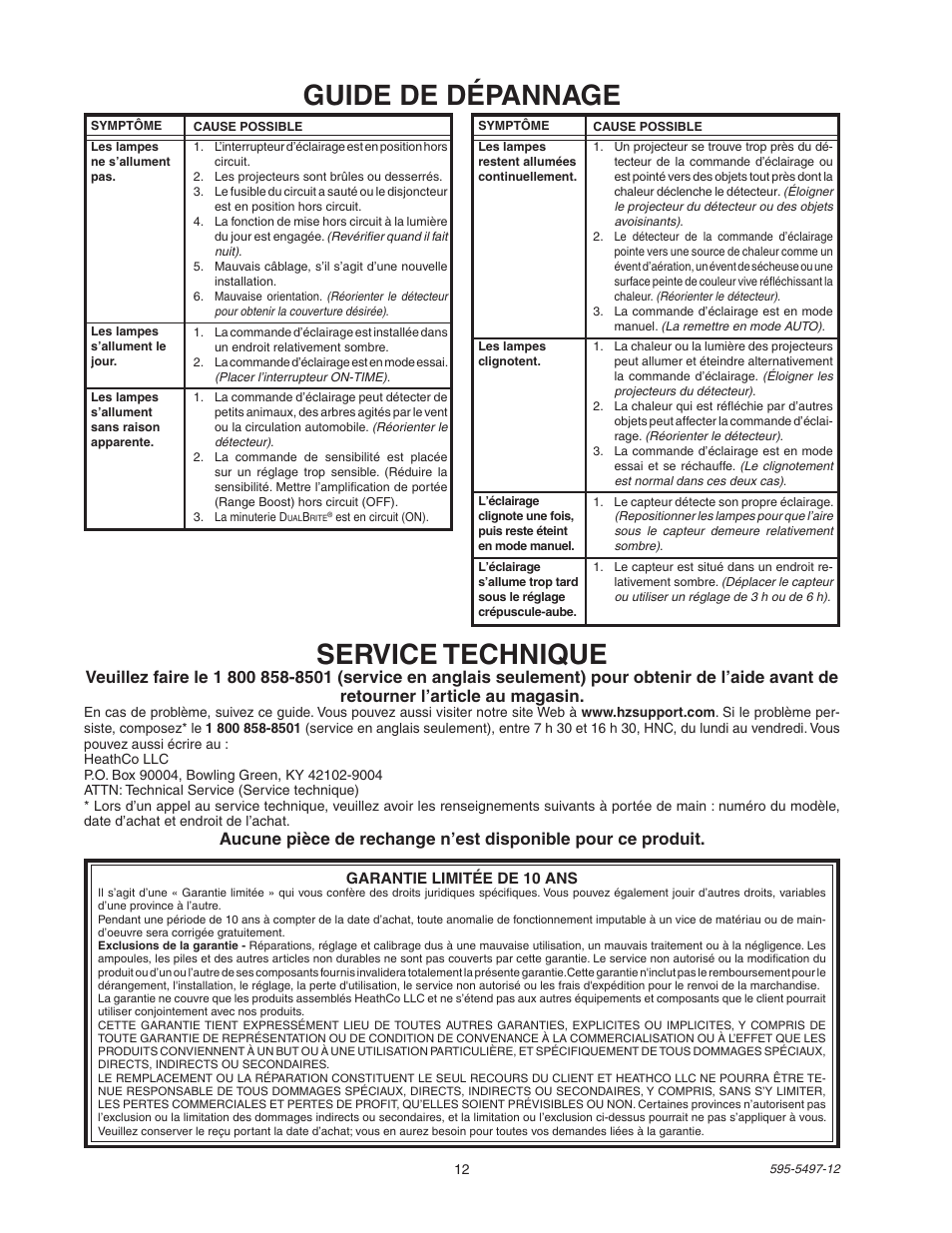 Guide de dépannage service technique | Heath Zenith SL-5311 User Manual | Page 12 / 12