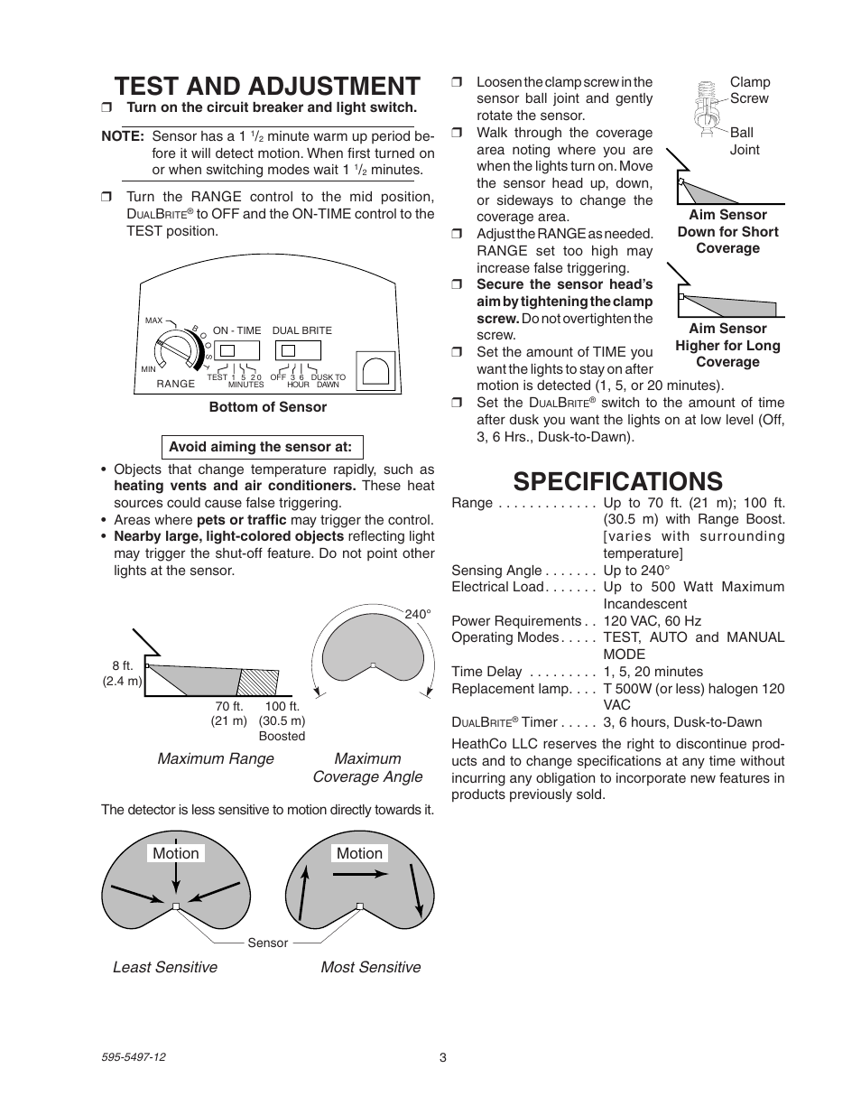 Specifications, Test and adjustment | Heath Zenith SL-5311 User Manual | Page 3 / 12