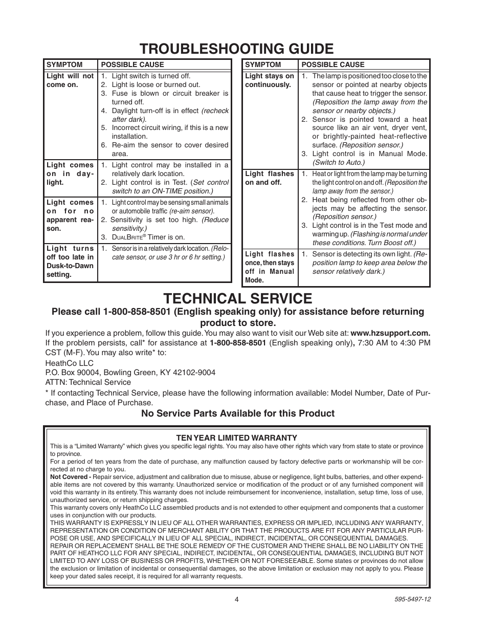 Troubleshooting guide technical service, No service parts available for this product | Heath Zenith SL-5311 User Manual | Page 4 / 12