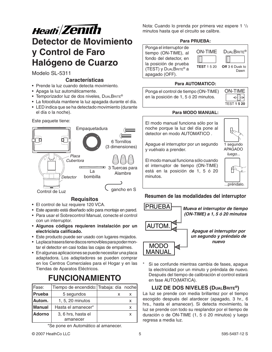 Funcionamiento, Prueba autom. modo manual | Heath Zenith SL-5311 User Manual | Page 5 / 12