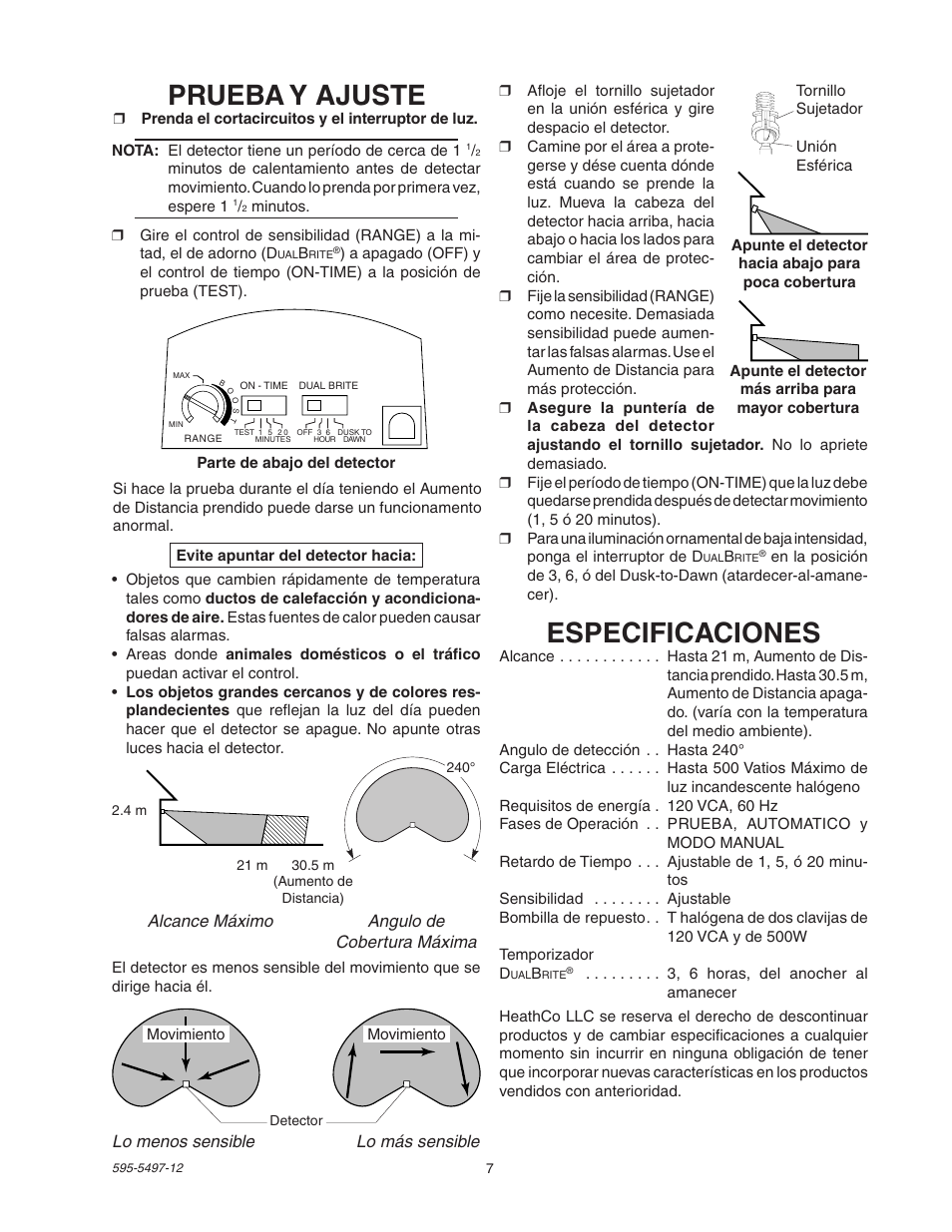 Especificaciones, Prueba y ajuste | Heath Zenith SL-5311 User Manual | Page 7 / 12