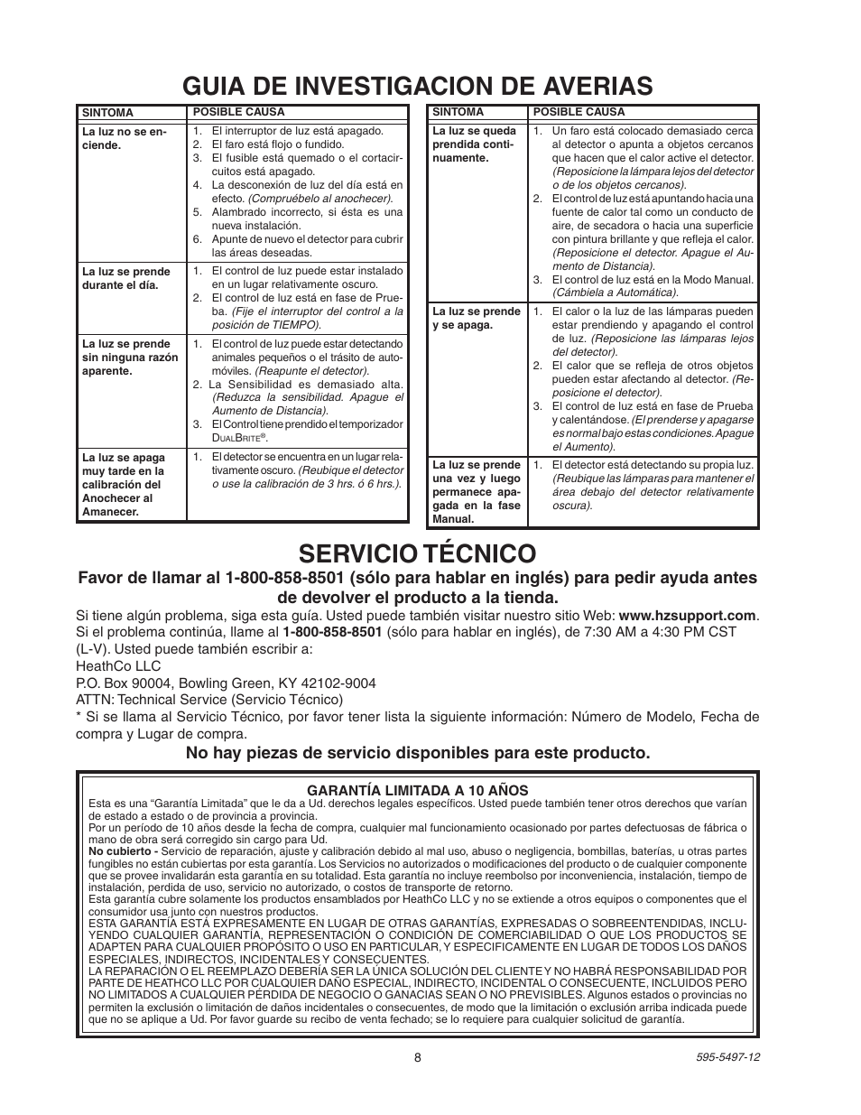 Guia de investigacion de averias servicio técnico | Heath Zenith SL-5311 User Manual | Page 8 / 12