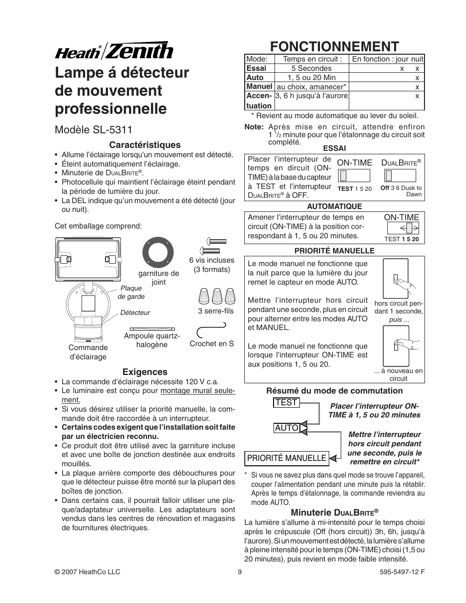 Lampe á détecteur de mouvement professionnelle, Fonctionnement, Modèle sl-5311 | Heath Zenith SL-5311 User Manual | Page 9 / 12