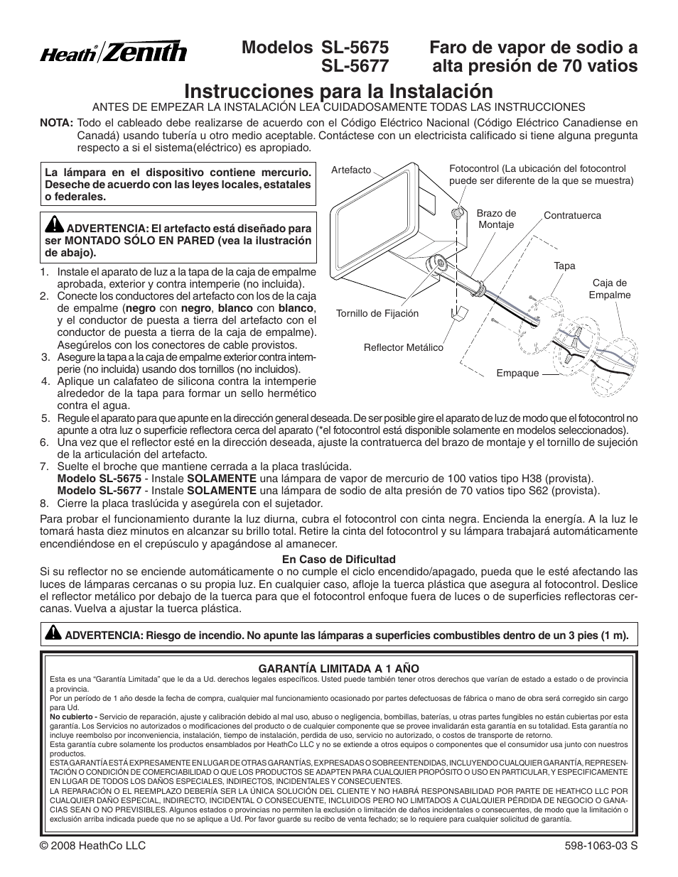 Instrucciones para la instalación, Faro de vapor de sodio a alta presión de 70 vatios | Heath Zenith SL-5675 User Manual | Page 2 / 4