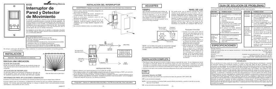 Interruptor de pared y detector de movimiento, Instalacion, Uso tiempo instalacion completa nivel de luz | Instalacion del interruptor escoja una ubicacion | Heath Zenith Motion Sensor Wall Switch 6105 User Manual | Page 2 / 2