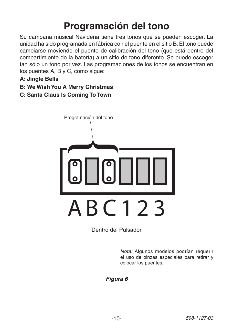 A b c 1 2 3, Programación del tono | Heath Zenith Wireless Christmas Chime 598-1127-03 User Manual | Page 10 / 24