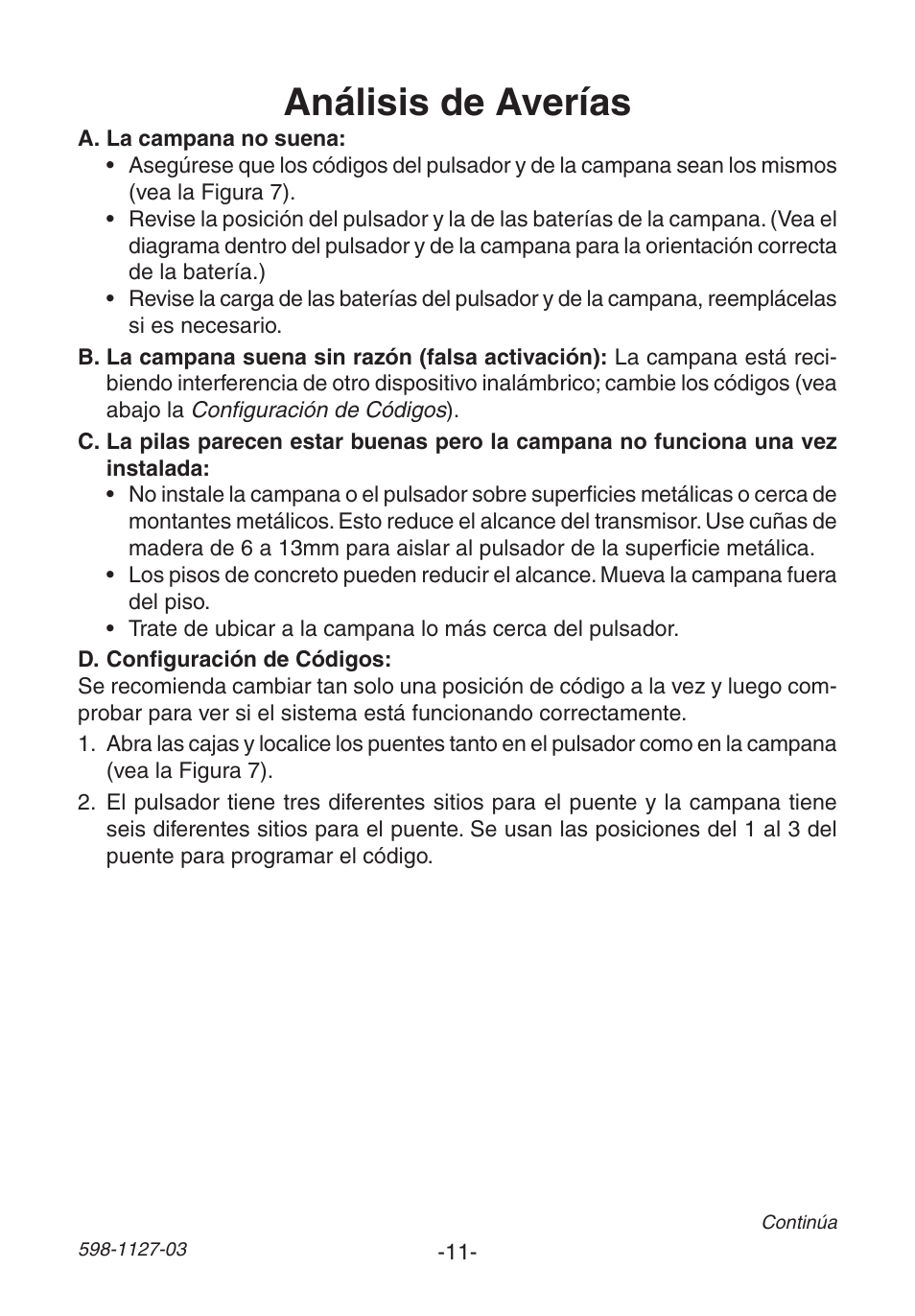 Análisis de averías | Heath Zenith Wireless Christmas Chime 598-1127-03 User Manual | Page 11 / 24