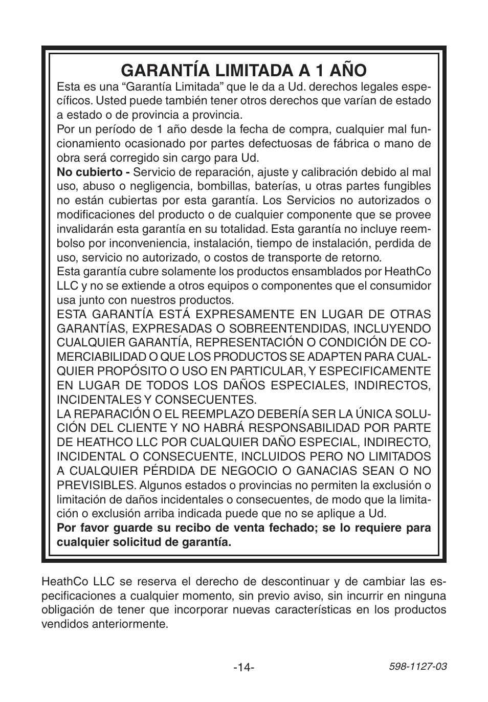 Garantía limitada a 1 año | Heath Zenith Wireless Christmas Chime 598-1127-03 User Manual | Page 14 / 24