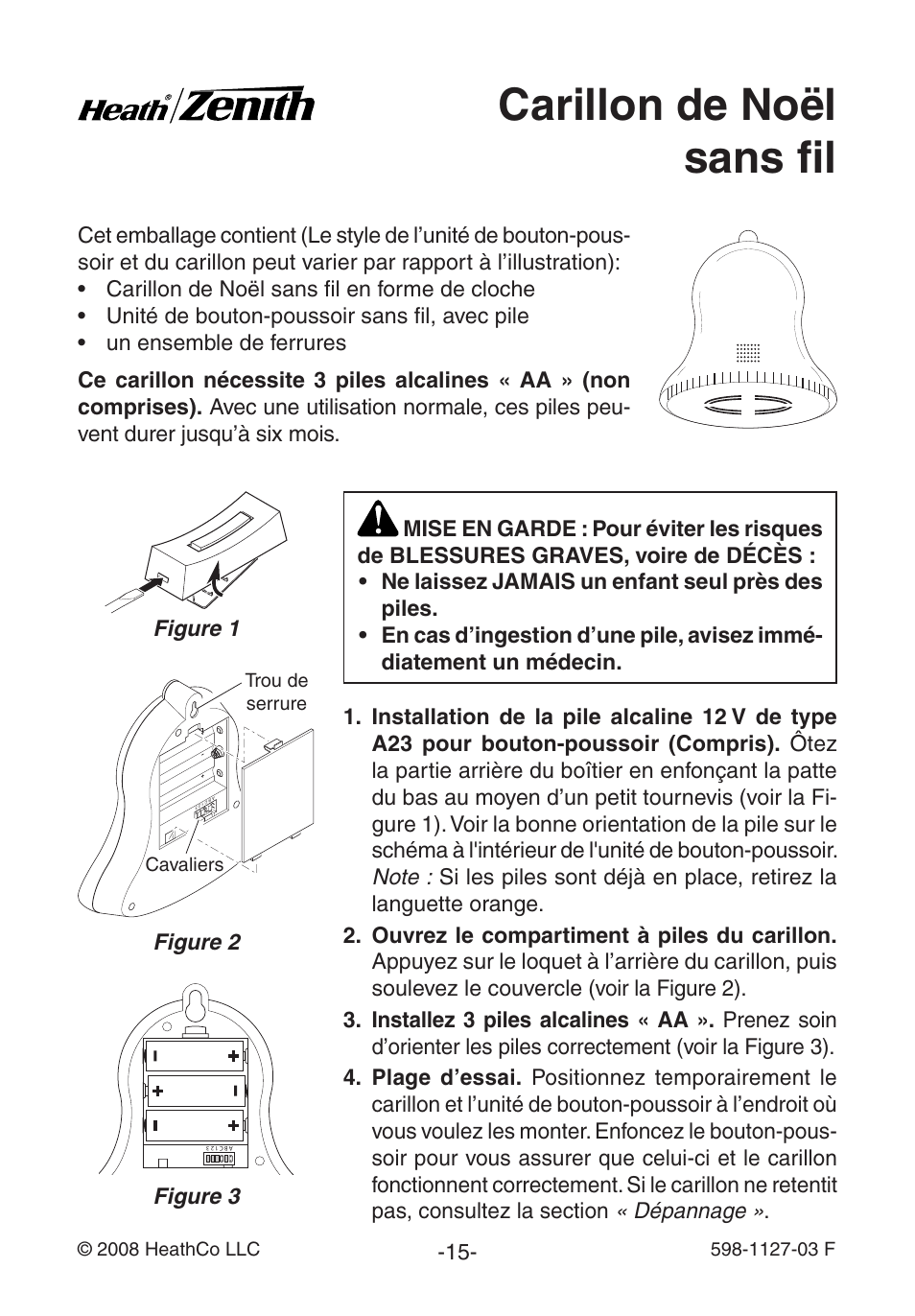 Carillon de noël sans fil | Heath Zenith Wireless Christmas Chime 598-1127-03 User Manual | Page 15 / 24