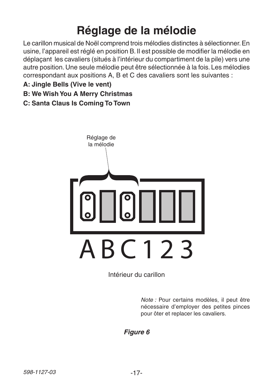 A b c 1 2 3, Réglage de la mélodie | Heath Zenith Wireless Christmas Chime 598-1127-03 User Manual | Page 17 / 24
