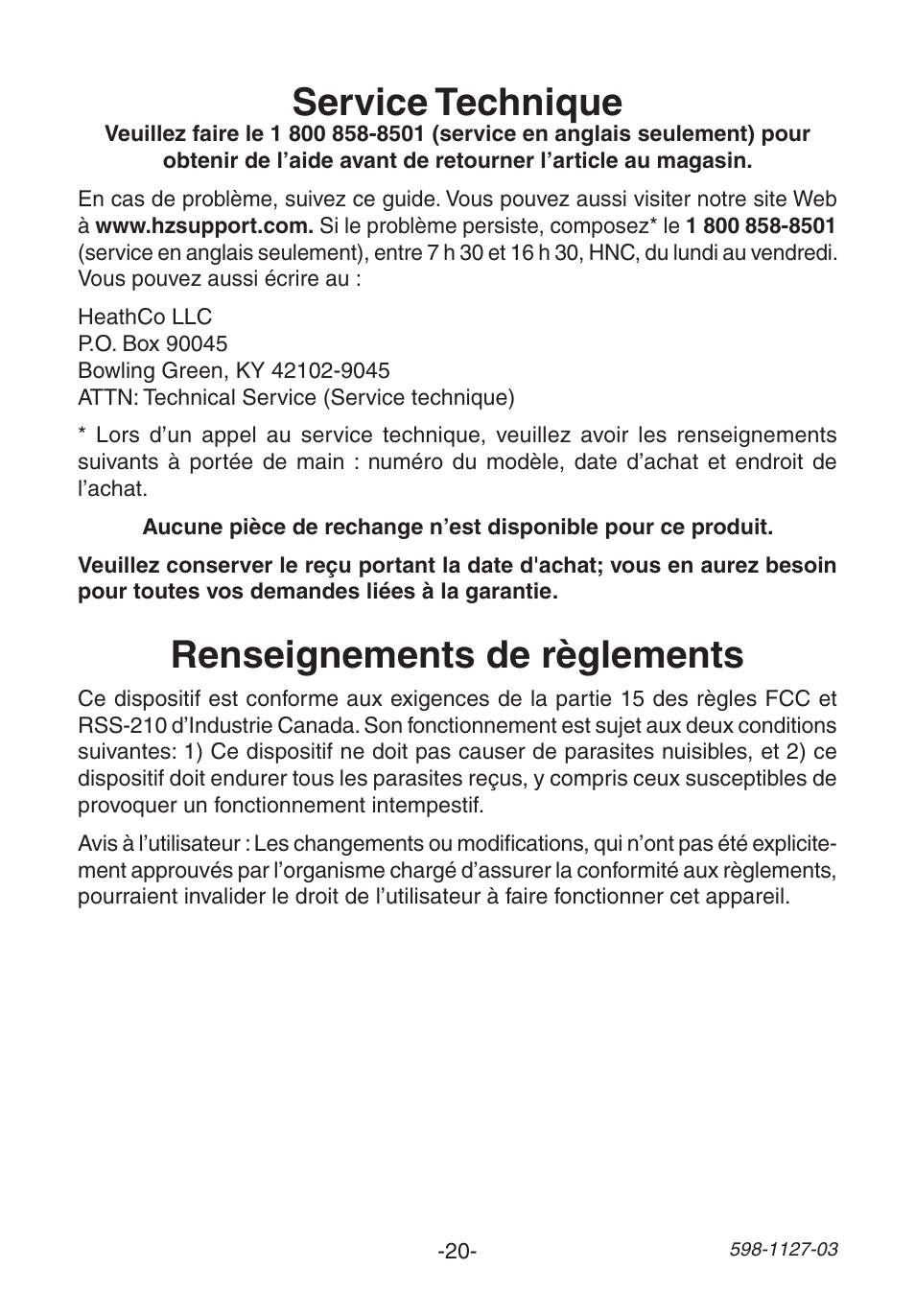 Service technique, Renseignements de règlements | Heath Zenith Wireless Christmas Chime 598-1127-03 User Manual | Page 20 / 24