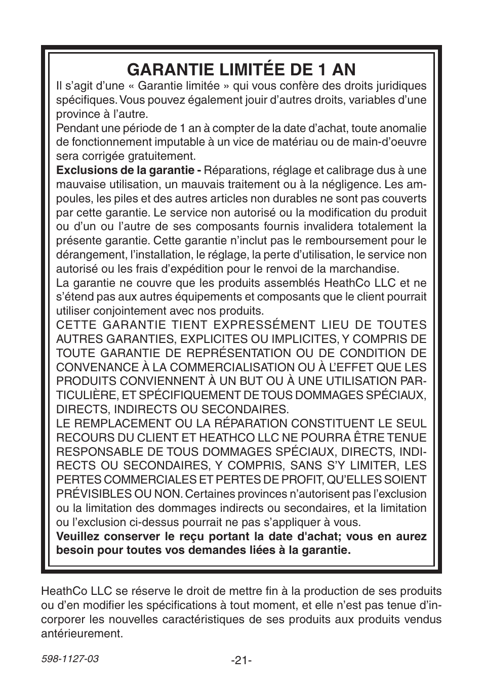 Garantie limitée de 1 an | Heath Zenith Wireless Christmas Chime 598-1127-03 User Manual | Page 21 / 24