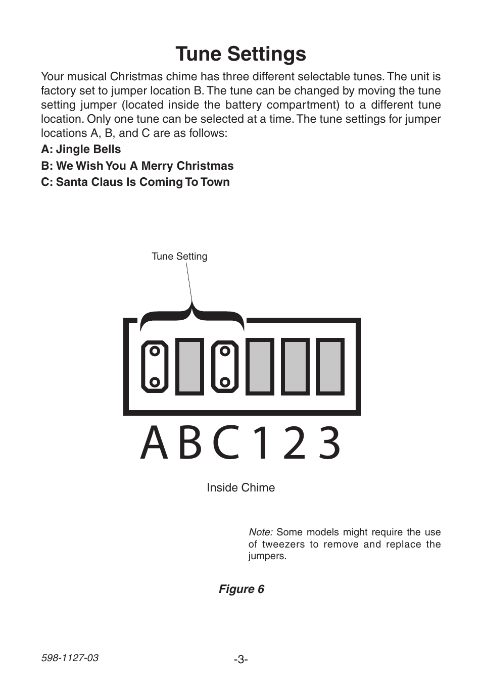 A b c 1 2 3, Tune settings | Heath Zenith Wireless Christmas Chime 598-1127-03 User Manual | Page 3 / 24