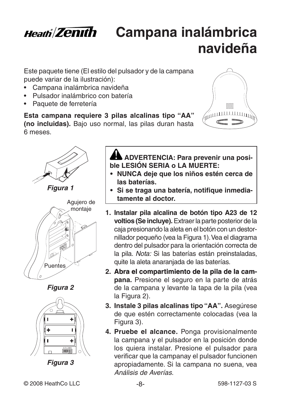 Campana inalámbrica navideña | Heath Zenith Wireless Christmas Chime 598-1127-03 User Manual | Page 8 / 24
