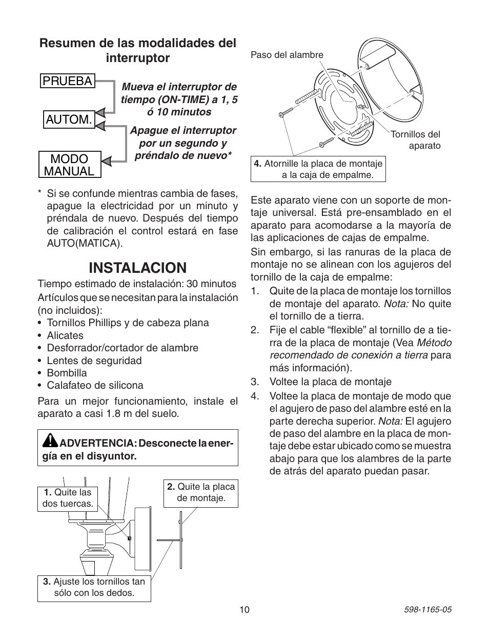 Instalacion, Resumen de las modalidades del interruptor | Heath Zenith PF-4160-AB User Manual | Page 10 / 24