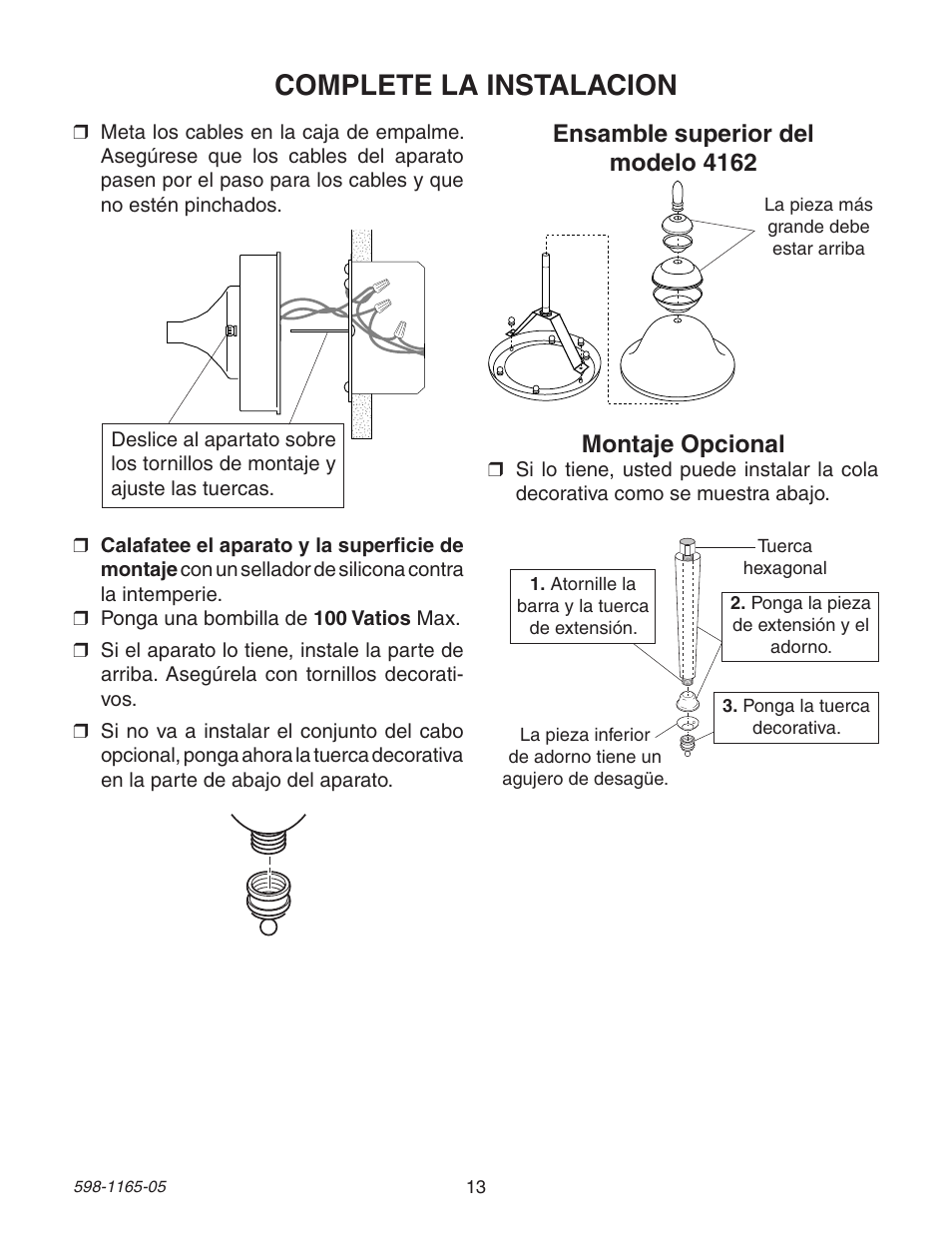 Complete la instalacion, Montaje opcional, Ensamble superior del modelo 4162 | Heath Zenith PF-4160-AB User Manual | Page 13 / 24