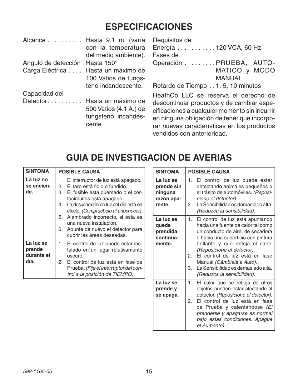Especificaciones guia de investigacion de averias | Heath Zenith PF-4160-AB User Manual | Page 15 / 24
