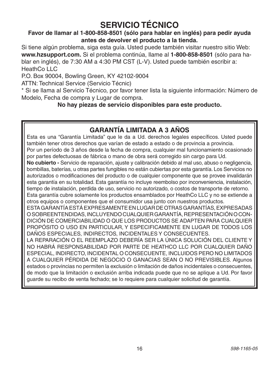 Servicio técnico | Heath Zenith PF-4160-AB User Manual | Page 16 / 24