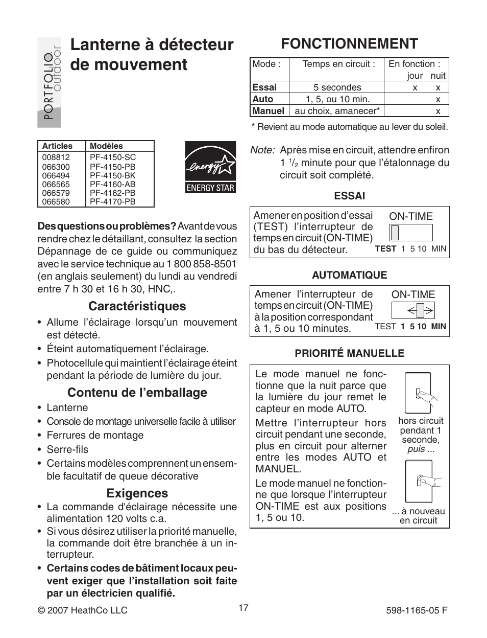 Lanterne à détecteur de mouvement, Fonctionnement, Caractéristiques | Contenu de l’emballage, Exigences | Heath Zenith PF-4160-AB User Manual | Page 17 / 24