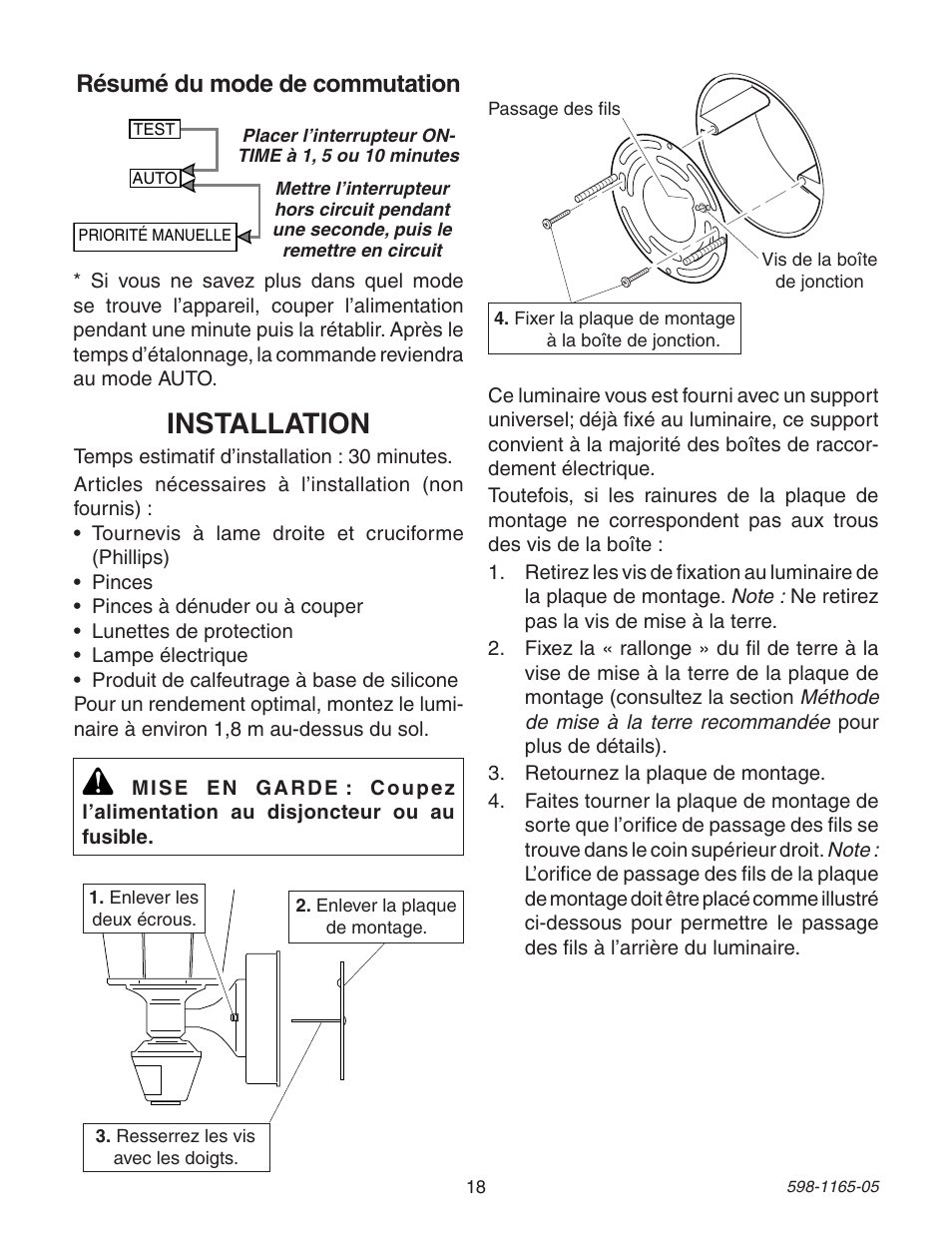 Installation, Résumé du mode de commutation | Heath Zenith PF-4160-AB User Manual | Page 18 / 24