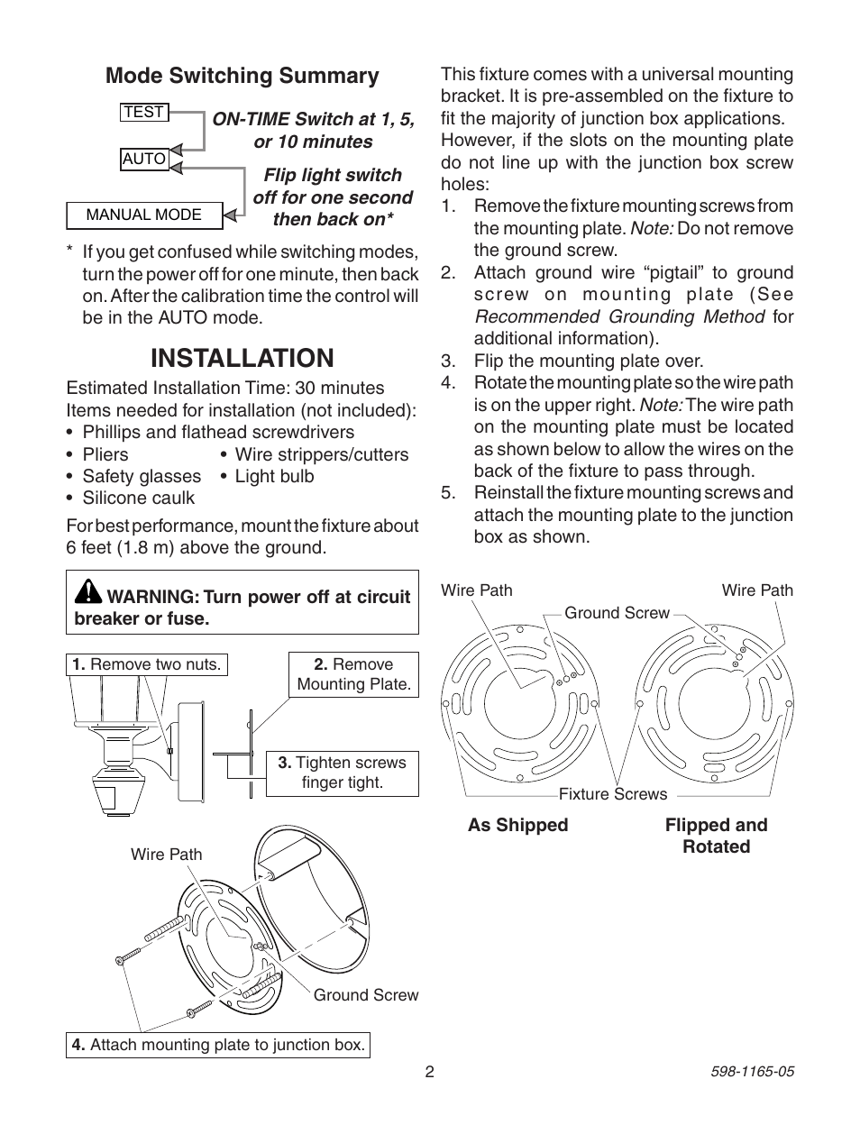 Installation, Mode switching summary | Heath Zenith PF-4160-AB User Manual | Page 2 / 24