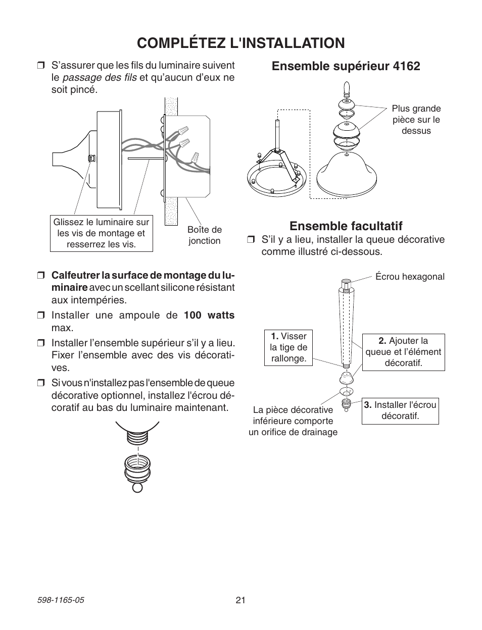 Complétez l'installation, Ensemble supérieur 4162, Ensemble facultatif | Heath Zenith PF-4160-AB User Manual | Page 21 / 24