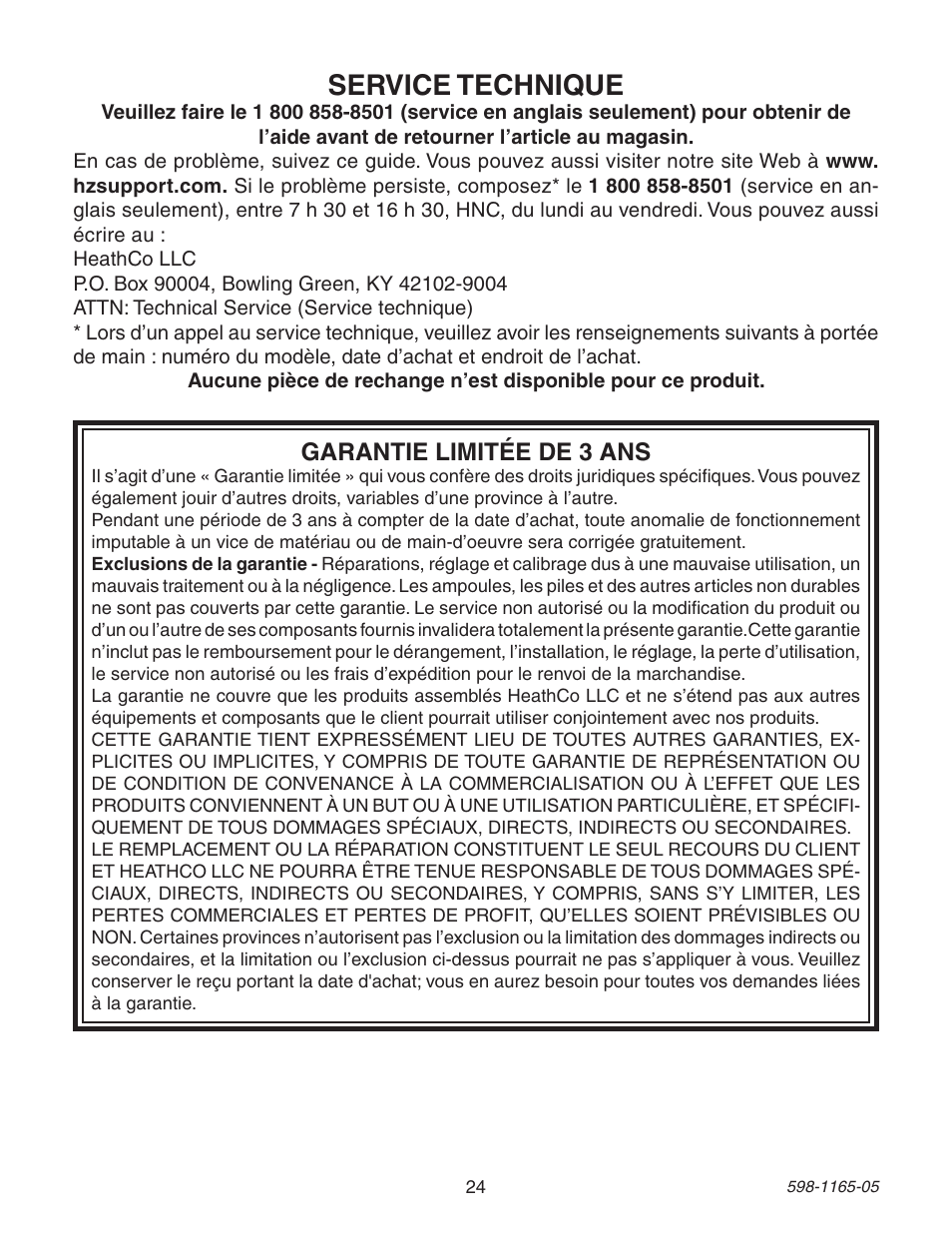 Service technique, Garantie limitée de 3 ans | Heath Zenith PF-4160-AB User Manual | Page 24 / 24