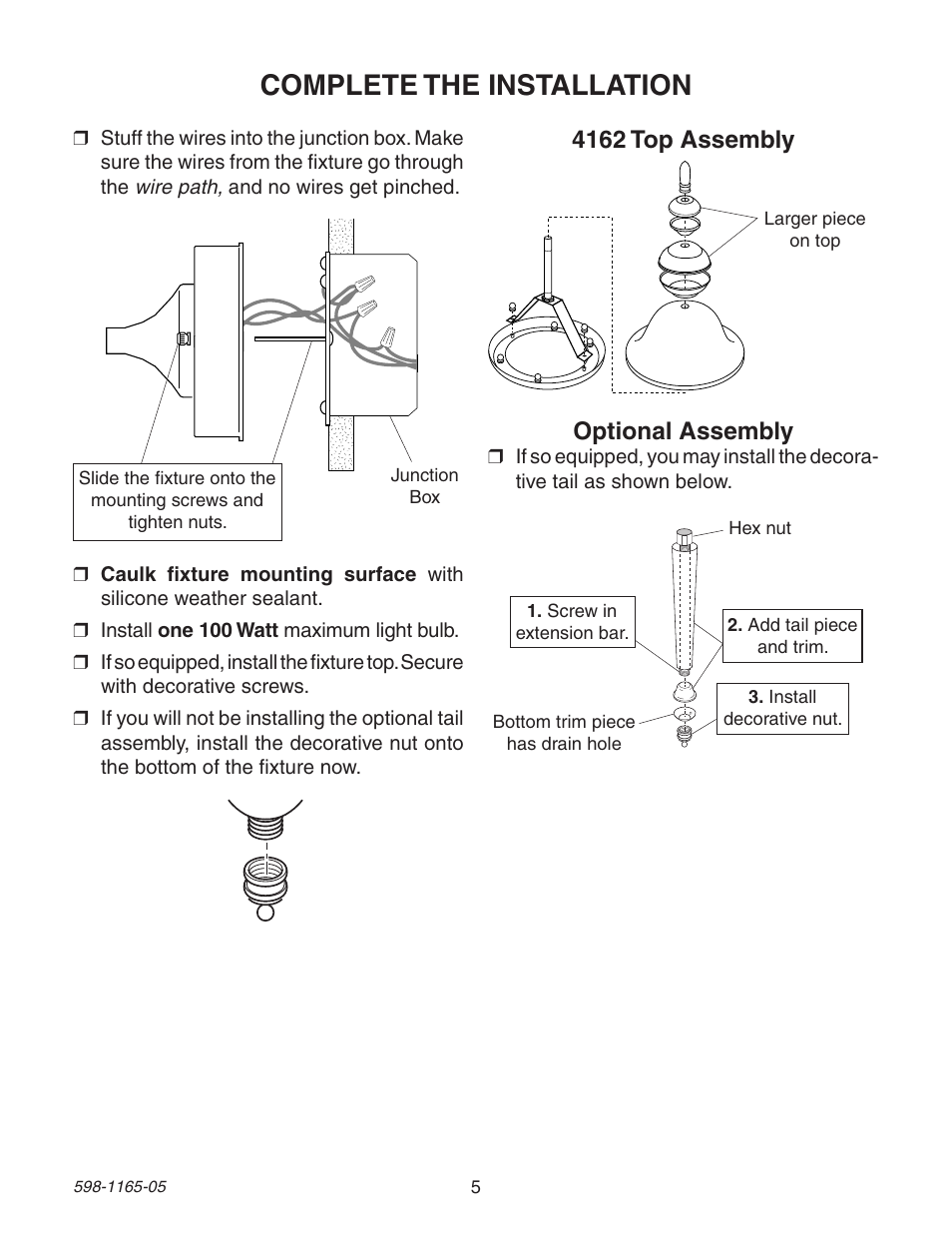 Complete the installation, Optional assembly, 4162 top assembly | Heath Zenith PF-4160-AB User Manual | Page 5 / 24