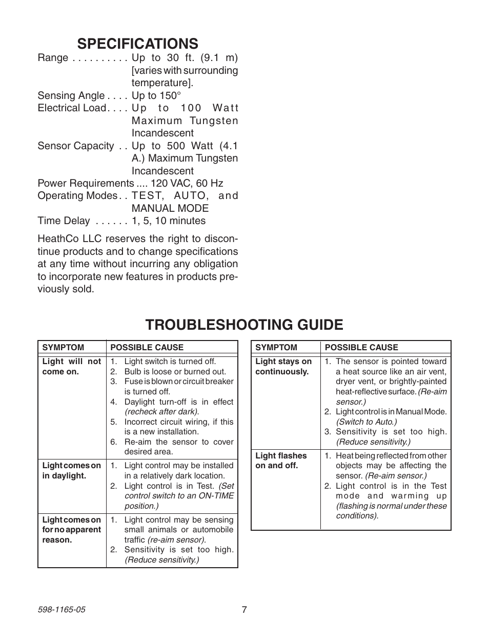 Specifications, Troubleshooting guide | Heath Zenith PF-4160-AB User Manual | Page 7 / 24