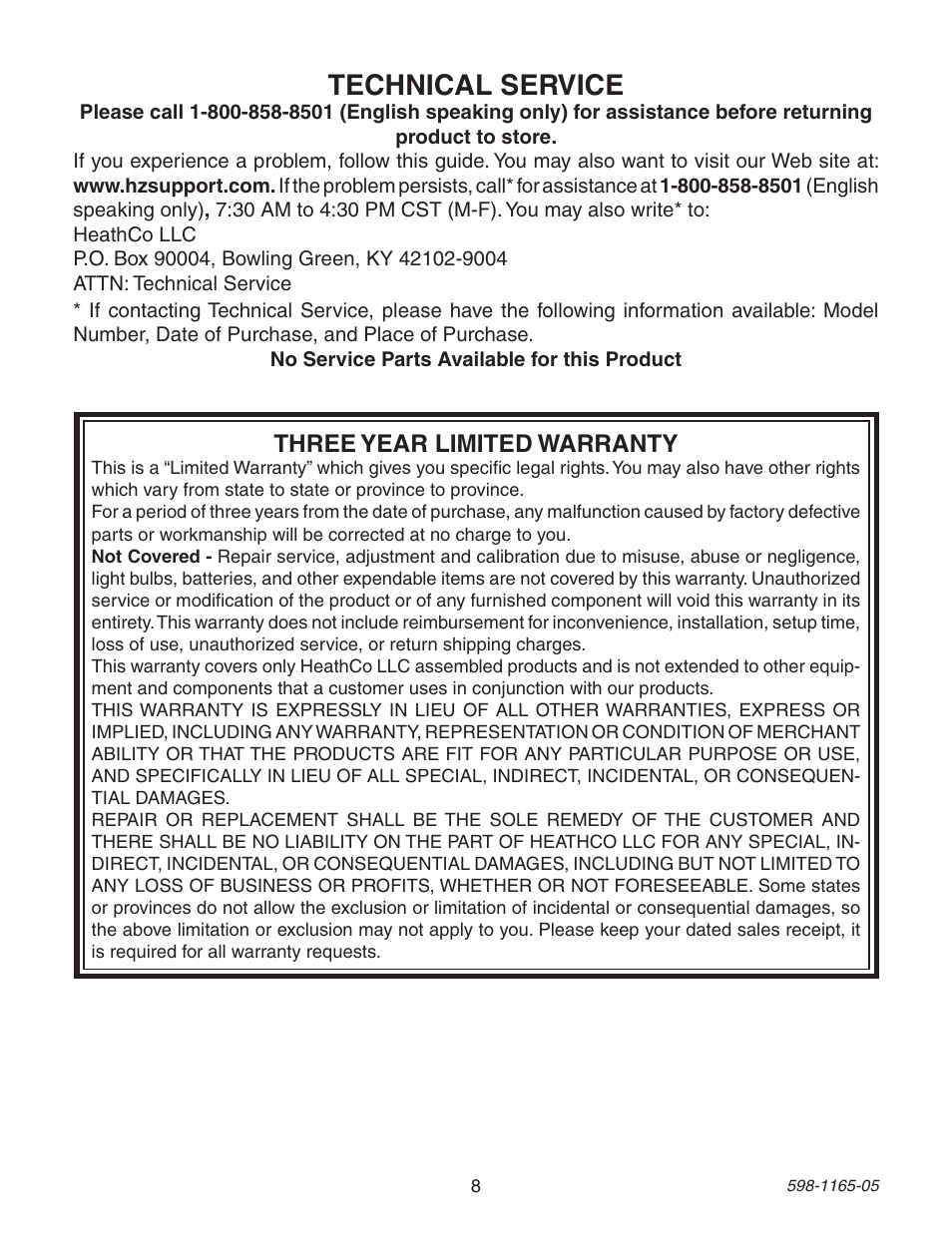 Technical service, Three year limited warranty | Heath Zenith PF-4160-AB User Manual | Page 8 / 24