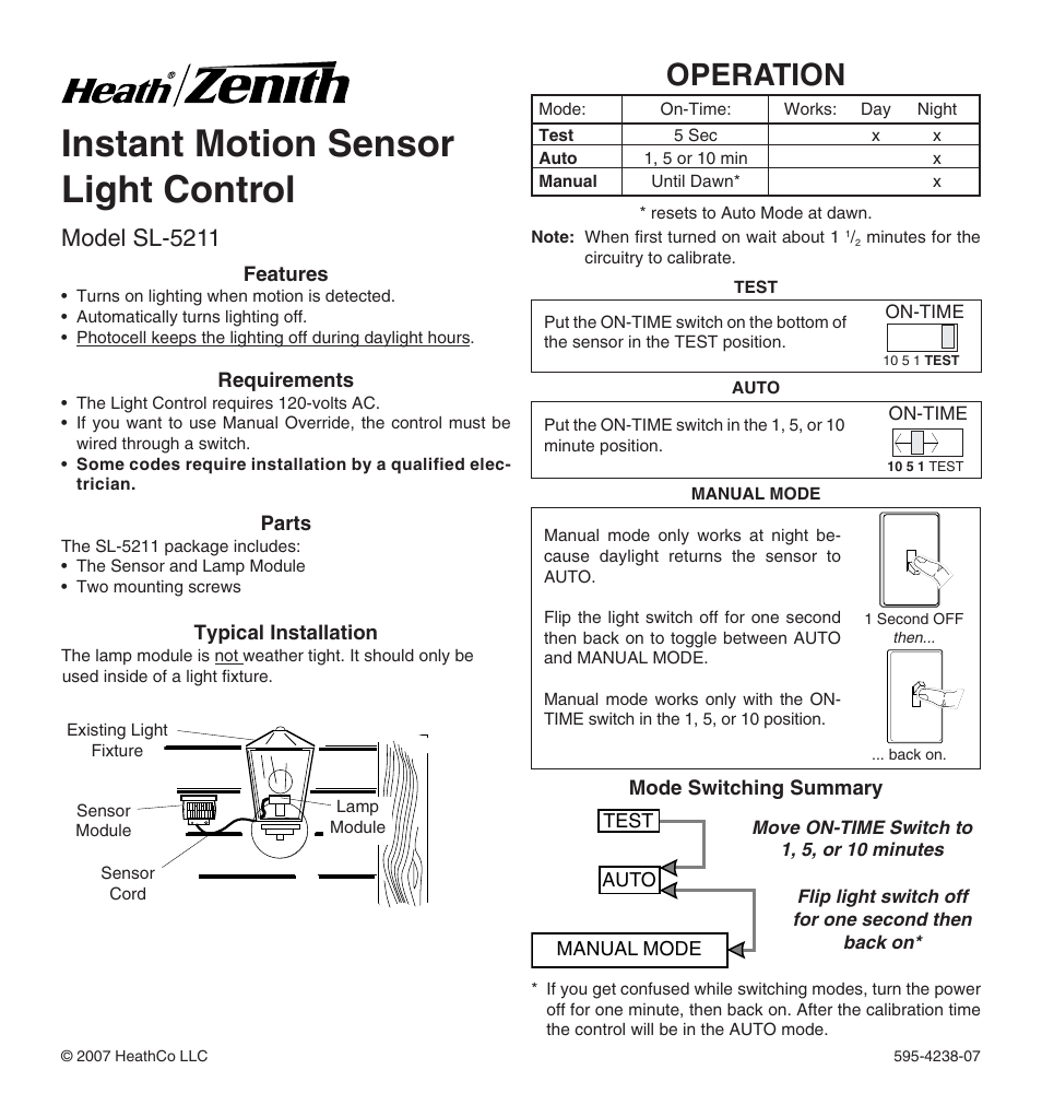 Heath Zenith Instant Motion Sensor Light Control SL-5211 User Manual | 8 pages