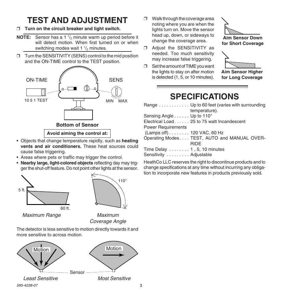 Test and adjustment, Specifications | Heath Zenith Instant Motion Sensor Light Control SL-5211 User Manual | Page 3 / 8