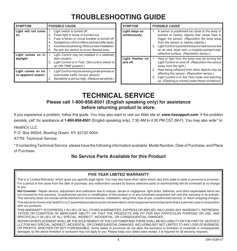 Troubleshooting guide technical service, No service parts available for this product | Heath Zenith Instant Motion Sensor Light Control SL-5211 User Manual | Page 4 / 8