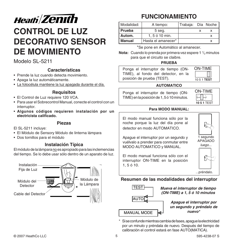 Control de luz decorativo sensor de movimiento, Funcionamiento, Modelo sl-5211 | Heath Zenith Instant Motion Sensor Light Control SL-5211 User Manual | Page 5 / 8