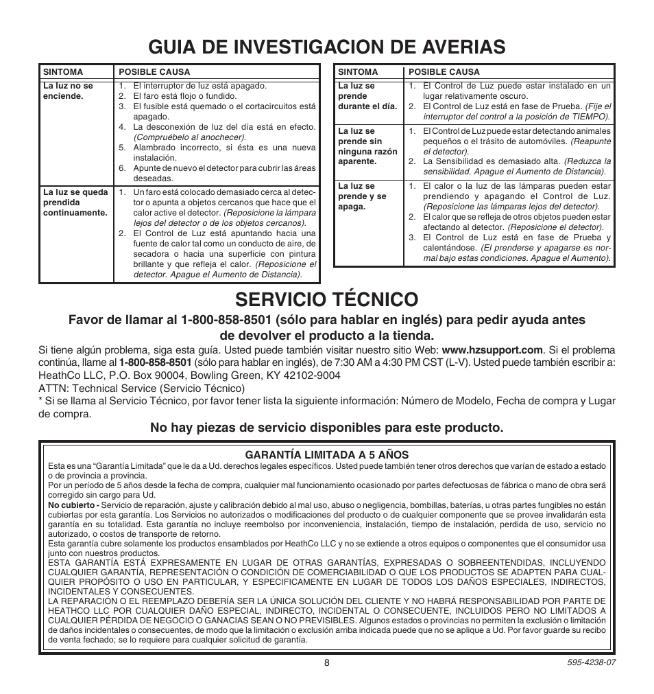 Guia de investigacion de averias, Servicio técnico | Heath Zenith Instant Motion Sensor Light Control SL-5211 User Manual | Page 8 / 8