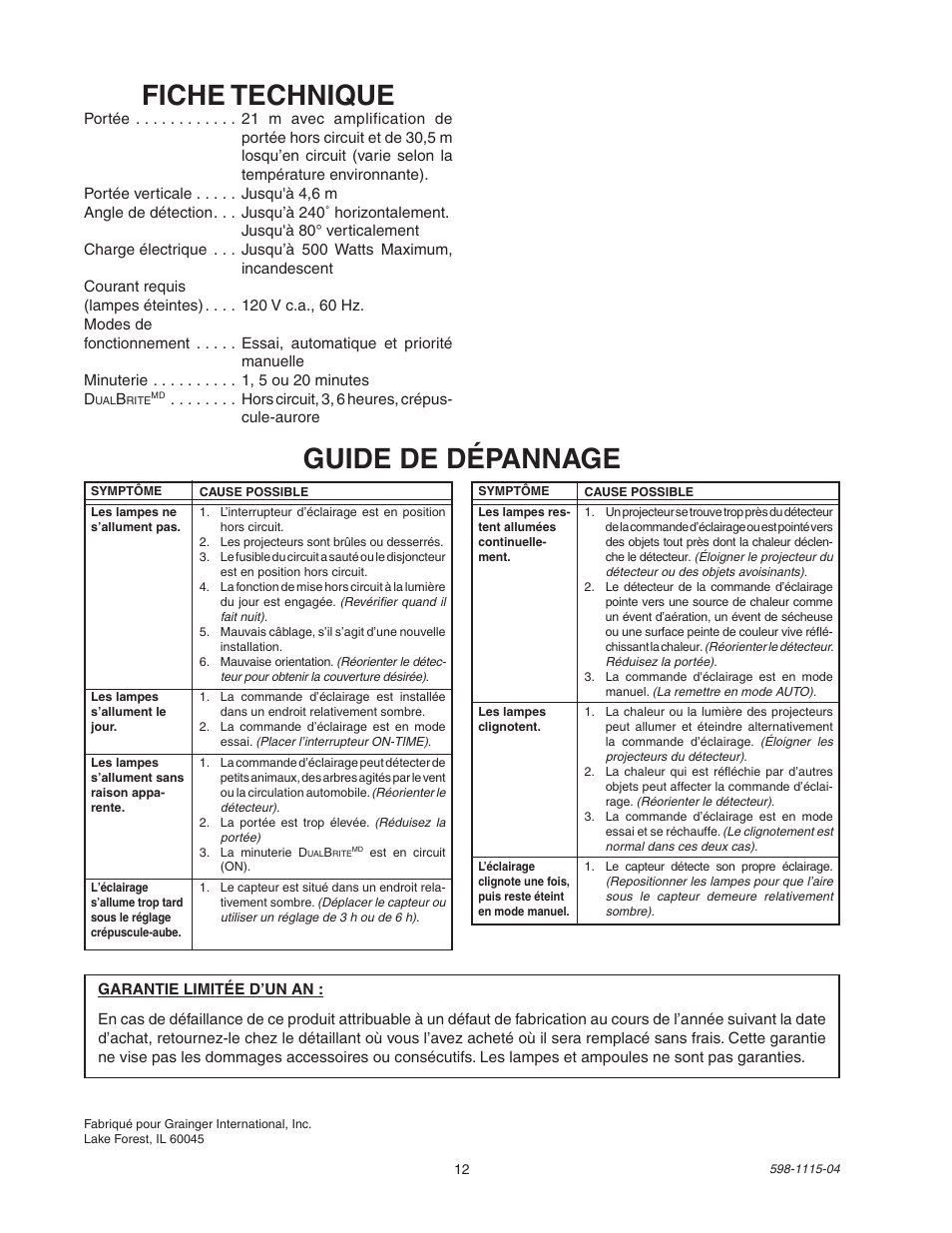 Fiche technique, Guide de dépannage | Heath Zenith DualBrite Replacement Sensor Head 2LBN3 User Manual | Page 12 / 12