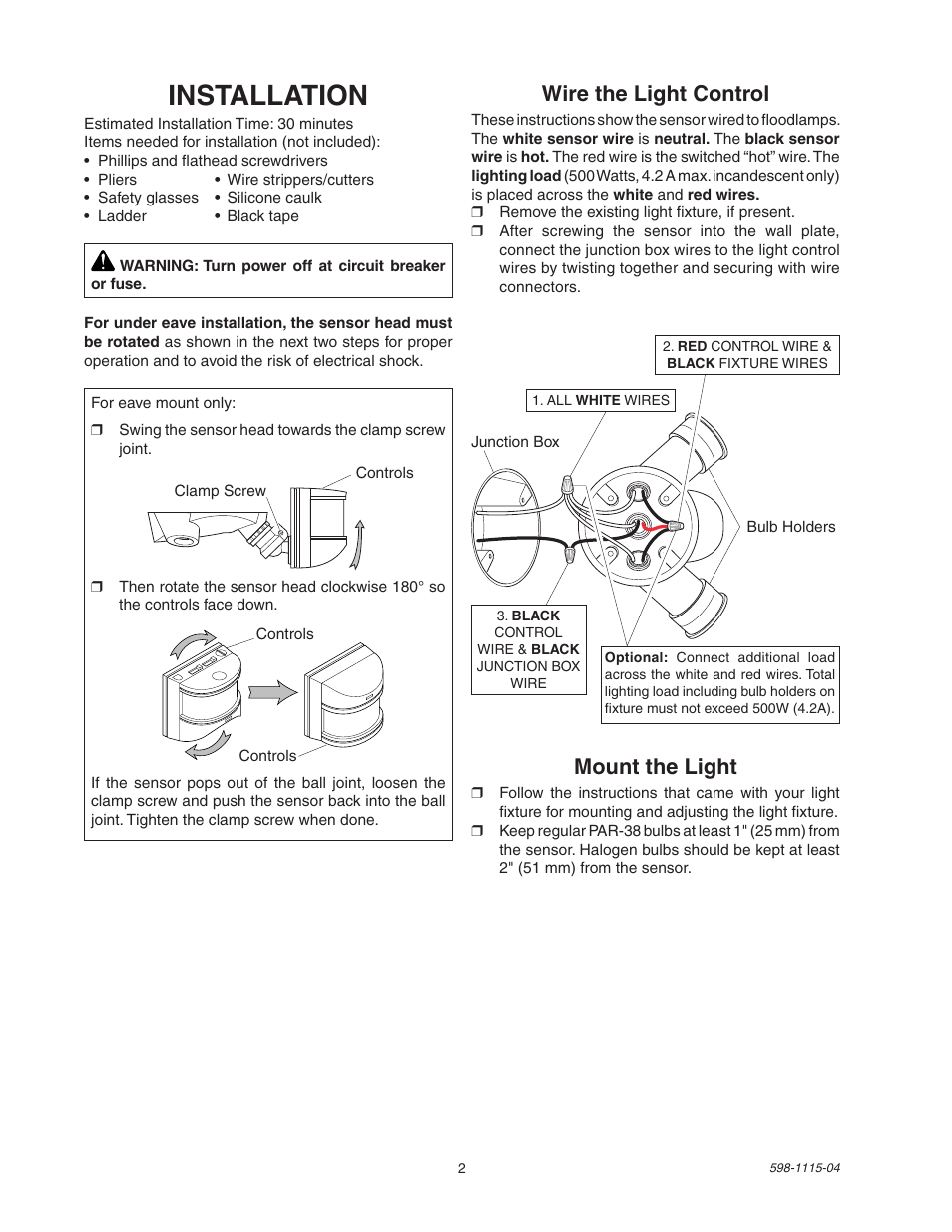 Installation, Wire the light control, Mount the light | Heath Zenith DualBrite Replacement Sensor Head 2LBN3 User Manual | Page 2 / 12