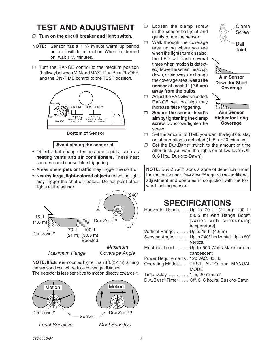 Specifications, Test and adjustment | Heath Zenith DualBrite Replacement Sensor Head 2LBN3 User Manual | Page 3 / 12